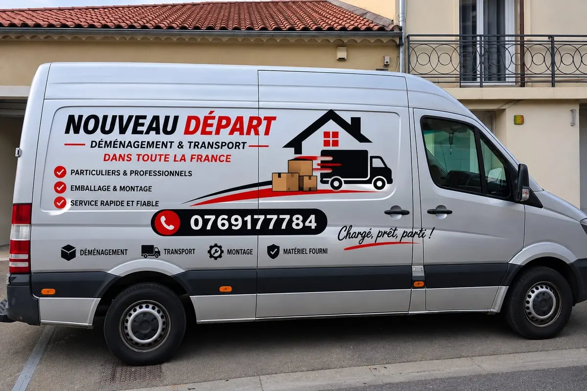 Nouveau Départ van with “Déménagement & Transport dans toute la France” livery